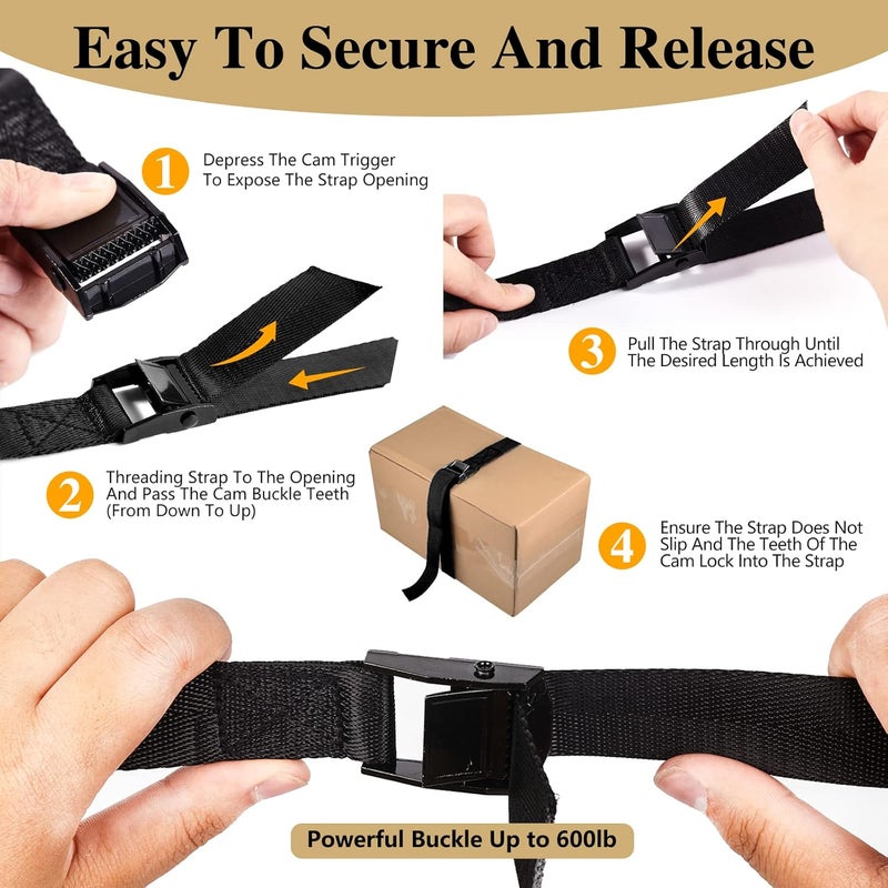 HUANSHA 5Pack Cam Buckle Tie Down Straps, 1" x 8 ft Heavy Duty Lashing Secure Strap Adjustable Black Pull Cinch Strap for Kayak, Cargo, Luggage, Bicycles,Truck, Car Roof Rack, Moving - Image 4
